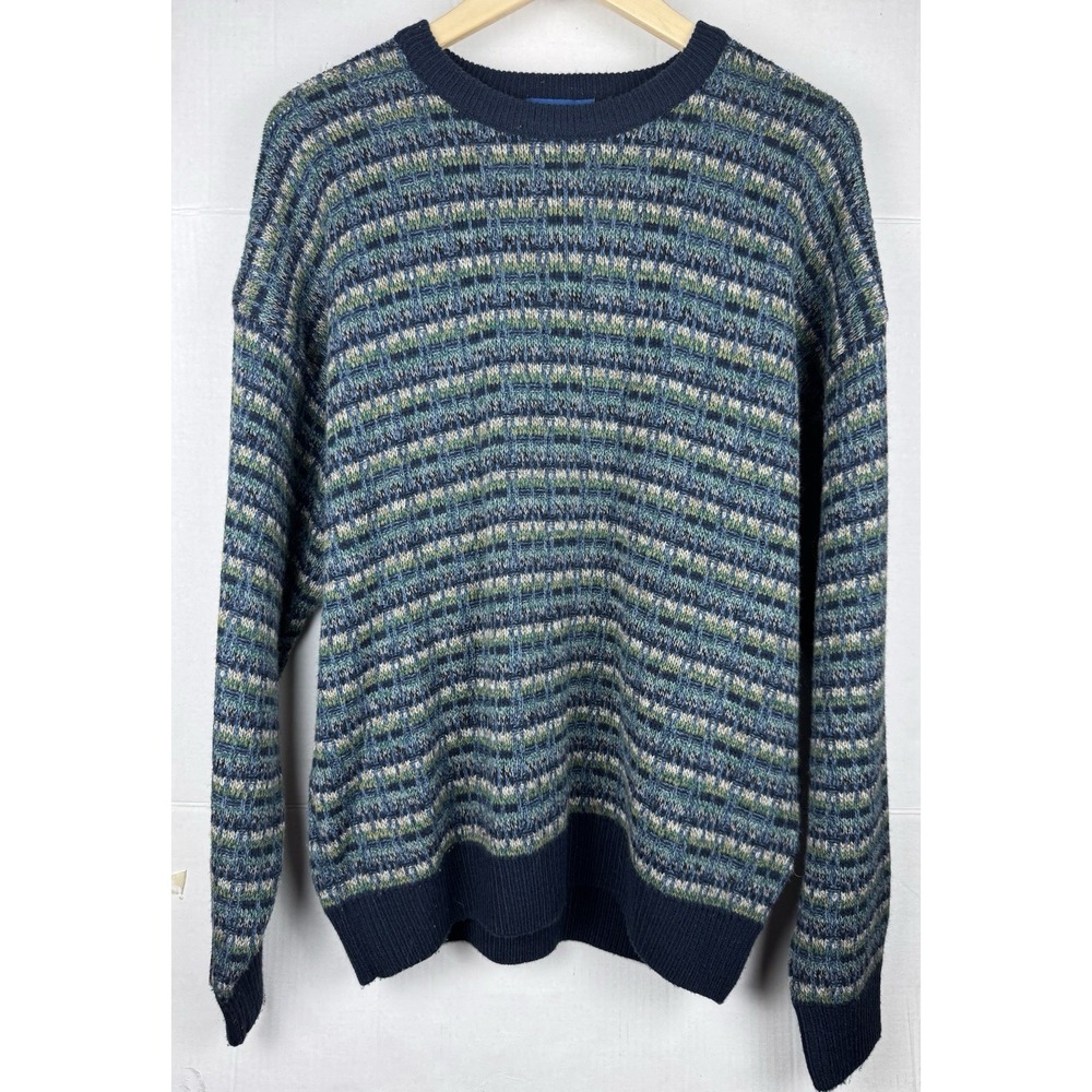 Vintage Eclectic Grandpa Sweater Blue-Gray-Brown Stripe Size Large 90's